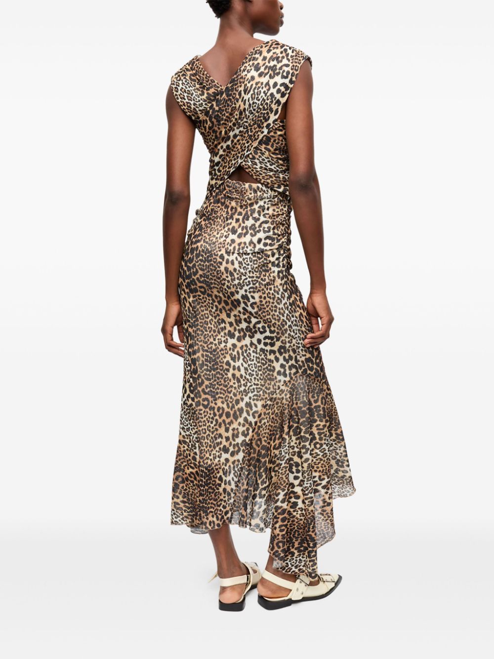 Ganni Leopard Print Marl Mesh Ruched Asymmetric Midi Dress Brown