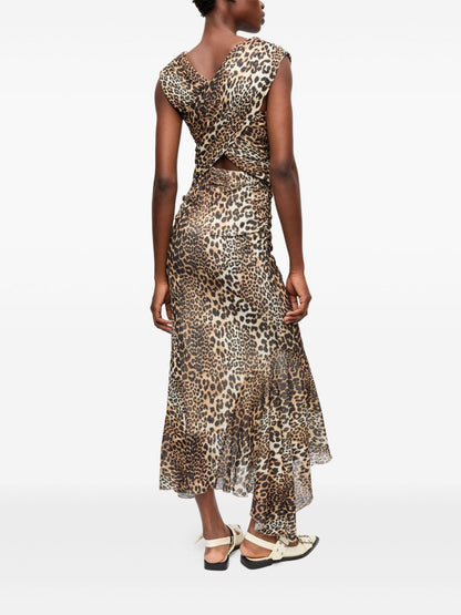 Ganni Leopard Print Marl Mesh Ruched Asymmetric Midi Dress Brown