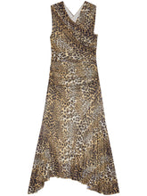Ganni Leopard Print Marl Mesh Ruched Asymmetric Midi Dress Brown
