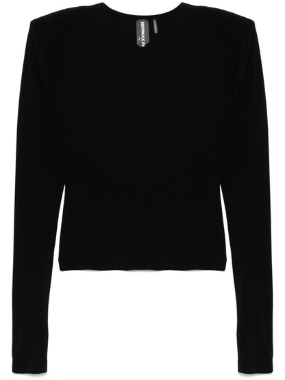 Norma Kamali V-Neck Padded Shoulder Long Sleeve Top Black