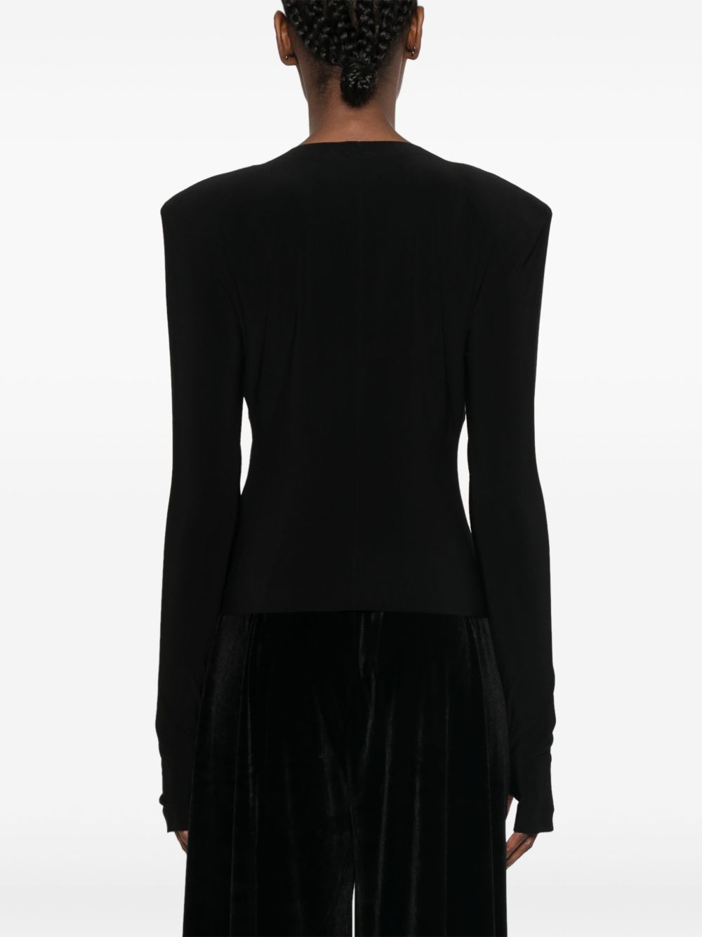 Norma Kamali V-Neck Padded Shoulder Long Sleeve Top Black