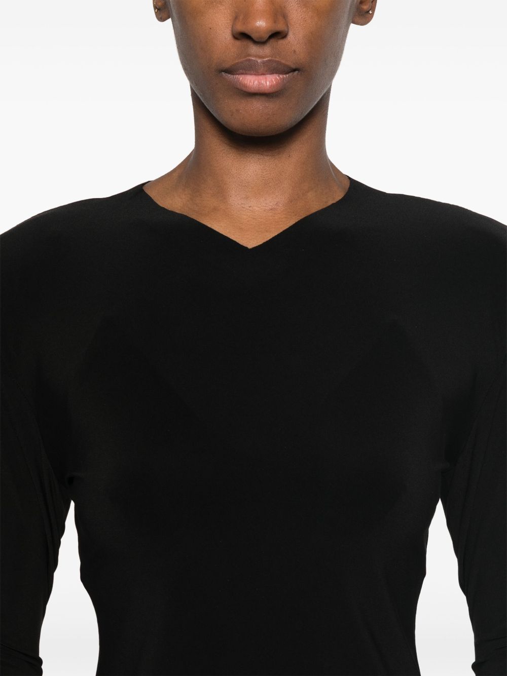 Norma Kamali V-Neck Padded Shoulder Long Sleeve Top Black