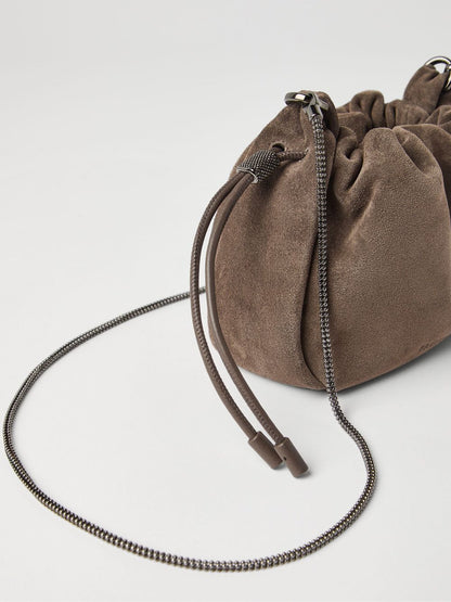 Brunello Cucinelli Mellow Mini Suede Bucket Bag with Precious Chain Brown