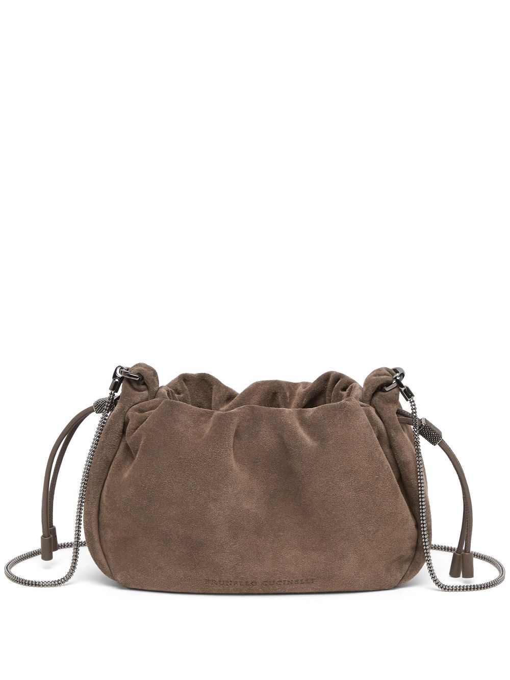 Brunello Cucinelli Mellow Mini Suede Bucket Bag with Precious Chain Brown