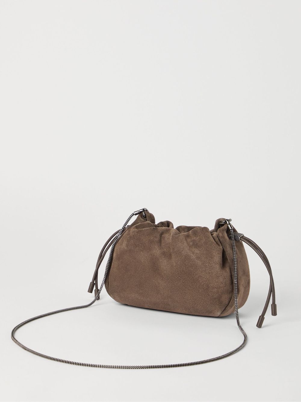 Brunello Cucinelli Mellow Mini Suede Bucket Bag with Precious Chain Brown