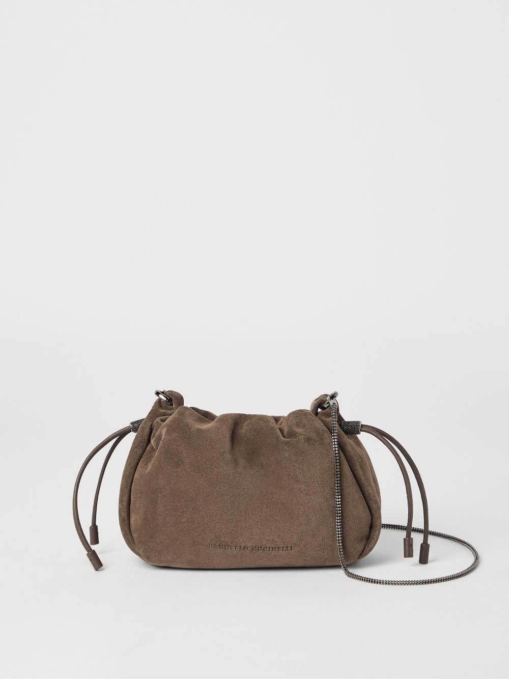 Brunello Cucinelli Mellow Mini Suede Bucket Bag with Precious Chain Brown