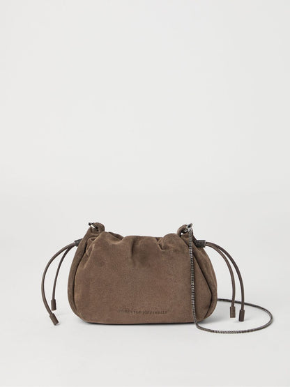 Brunello Cucinelli Mellow Mini Suede Bucket Bag with Precious Chain Brown