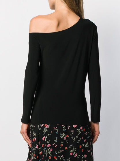 Norma Kamali Asymmetric-Neckline Long-Sleeve Fitted Top Black Black