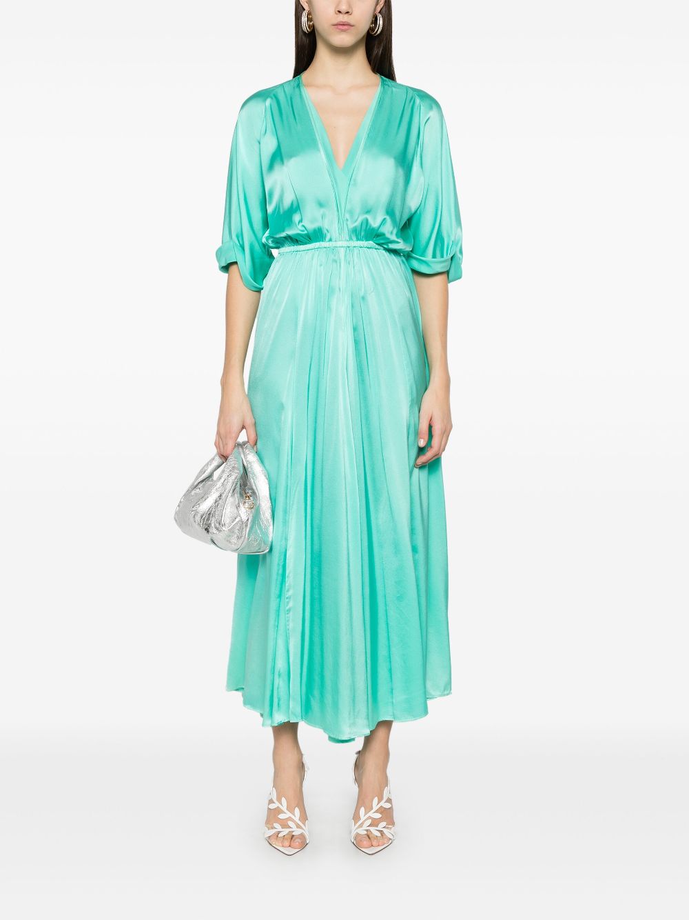 Forte Forte Long Silk Dress with Elastic Waist and Front Slit Aqua Green