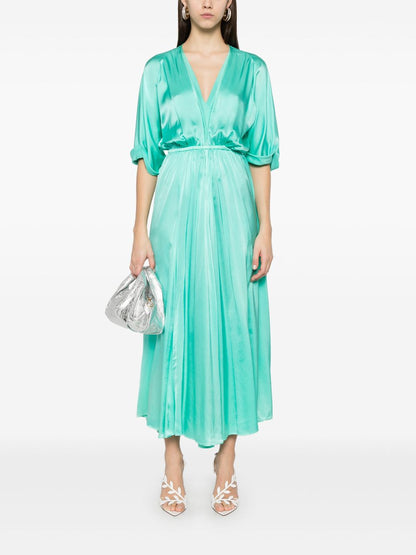 Forte Forte Long Silk Dress with Elastic Waist and Front Slit Aqua Green