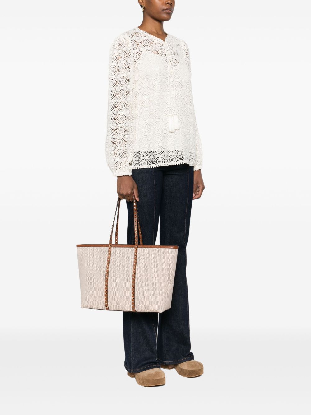 Valentino Garavani Rockstud Medium Canvas Tote Bag Leather Brown