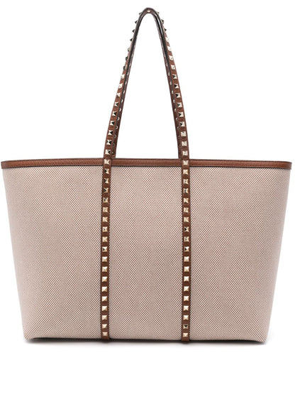 Valentino Garavani Rockstud Medium Canvas Tote Bag Leather Brown