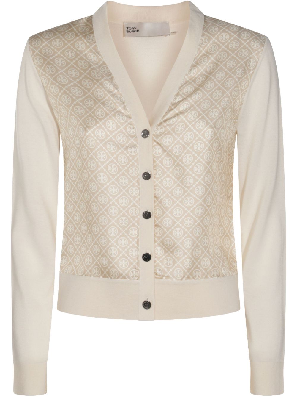 Tory Burch Cropped Silk Front Cardigan Beige