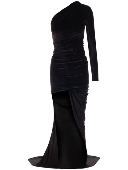 Balenciaga Long Asymmetrical One-Shoulder Velvet Maxi Dress Black