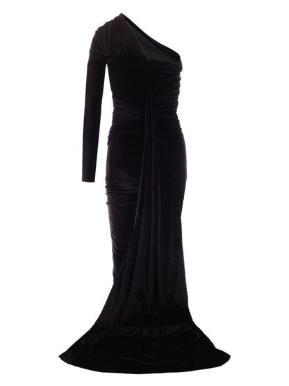 Balenciaga Long Asymmetrical One-Shoulder Velvet Maxi Dress Black