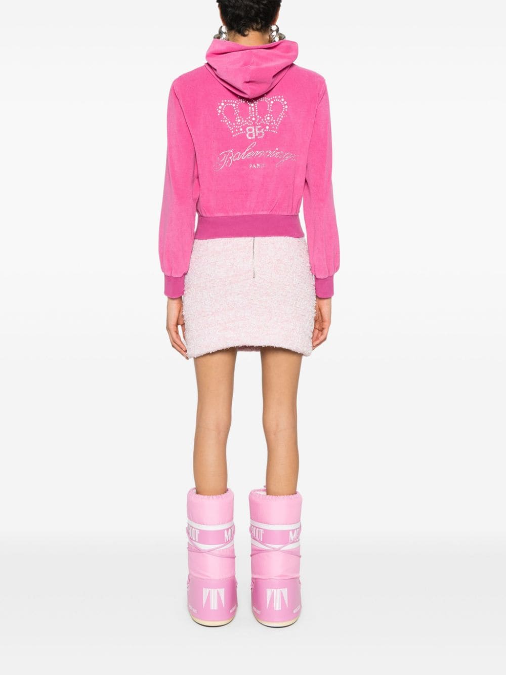 Balenciaga Rhinestone-Logo Distressed Velvet Zipped Hoodie Pink