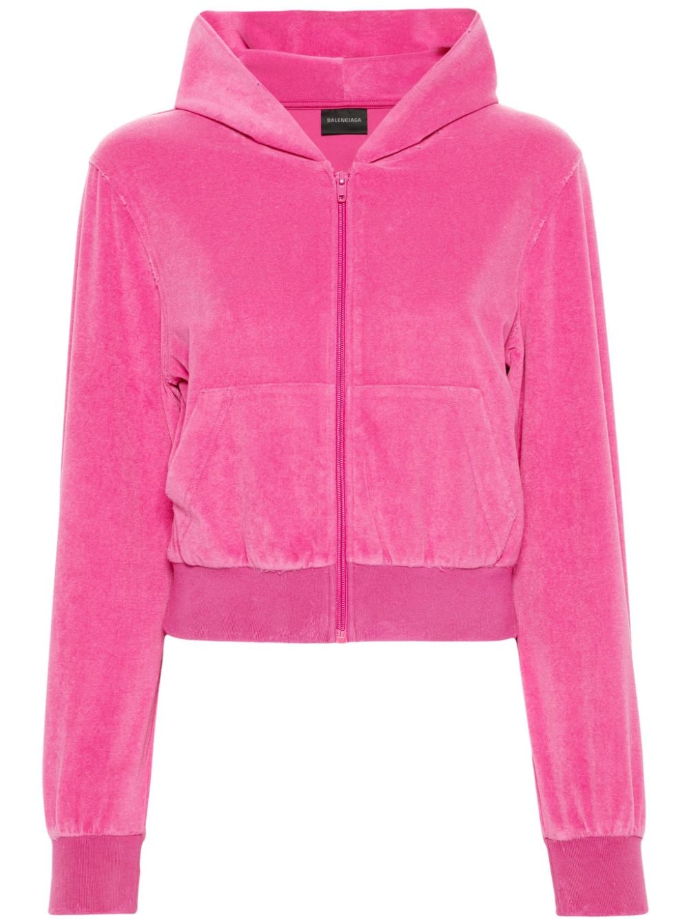 Balenciaga Rhinestone-Logo Distressed Velvet Zipped Hoodie Pink