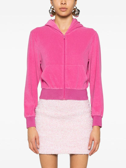 Balenciaga Rhinestone-Logo Distressed Velvet Zipped Hoodie Pink