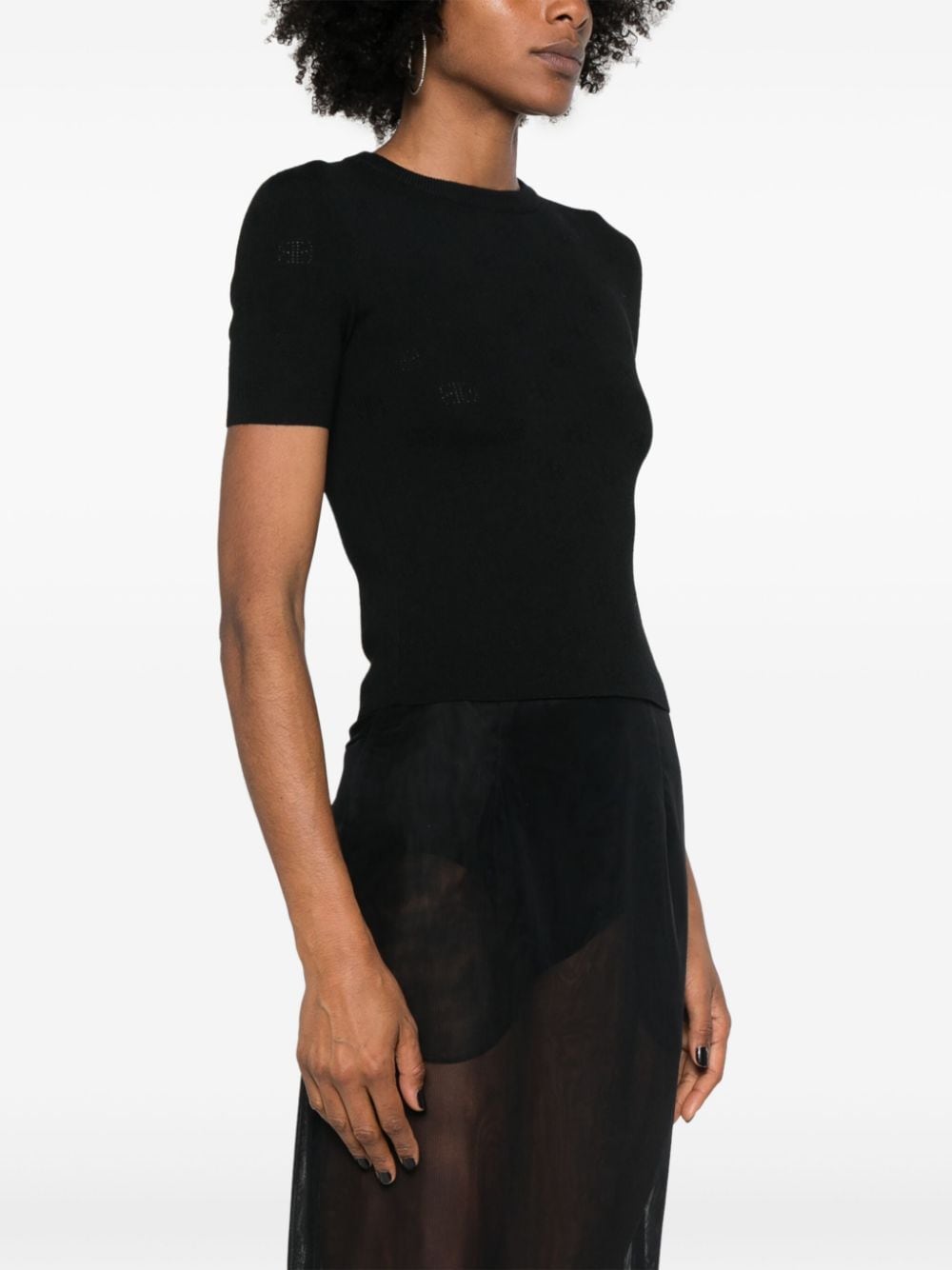 Balenciaga Perforated BB Fine Knit Wool-Blend T-Shirt Black