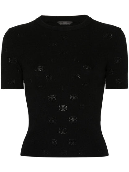 Balenciaga Perforated BB Fine Knit Wool-Blend T-Shirt Black