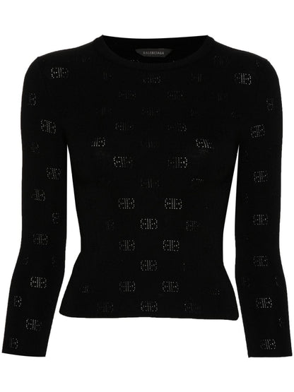 Balenciaga BB Monogram Open-Knit Cropped Wool Blend Jumper Black