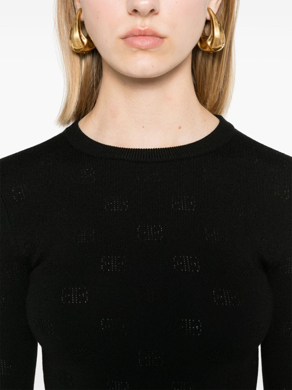 Balenciaga BB Monogram Open-Knit Cropped Wool Blend Jumper Black