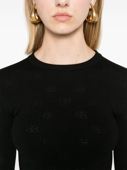 Balenciaga BB Monogram Open-Knit Cropped Wool Blend Jumper Black