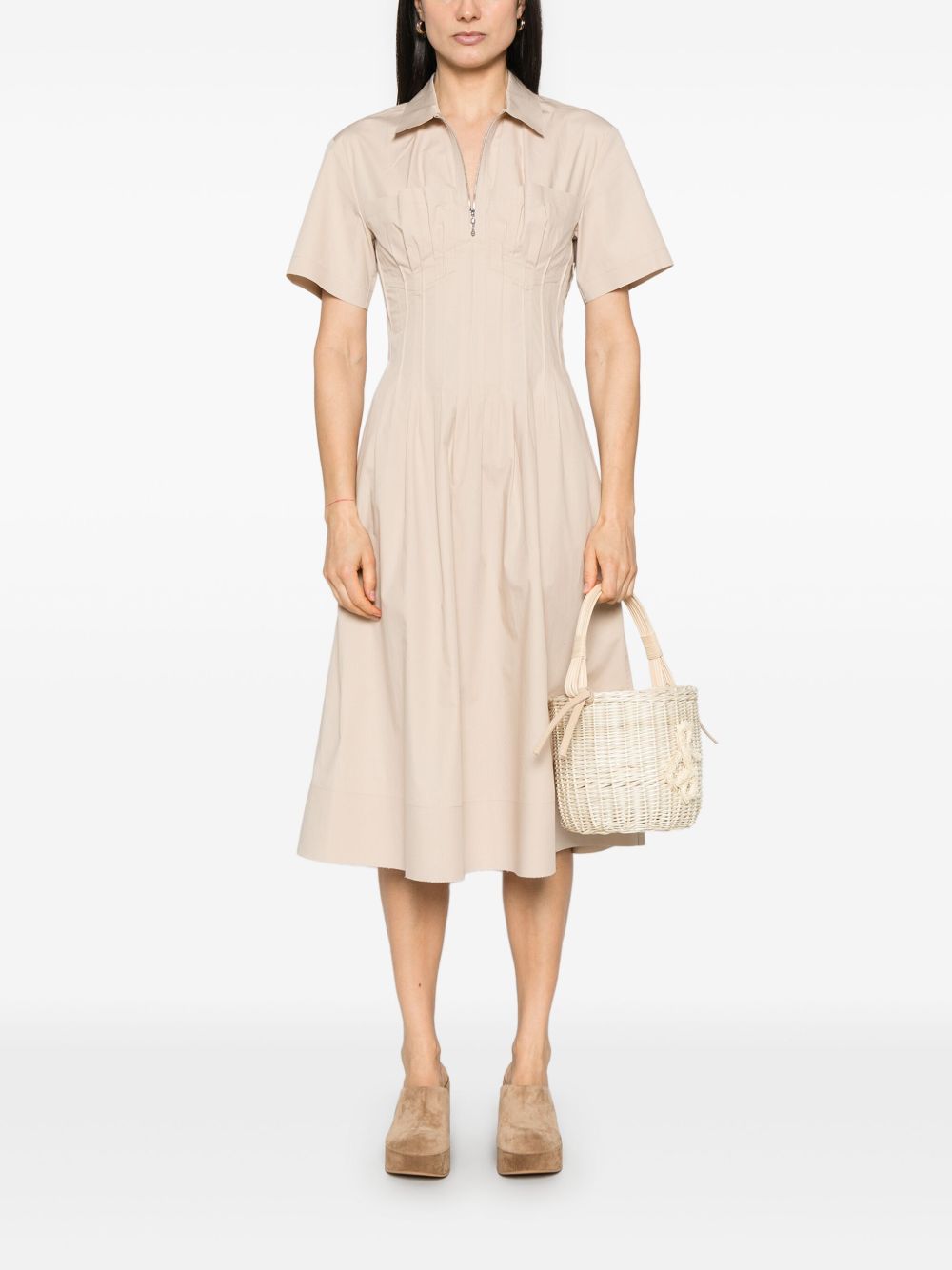 Tory Burch Poplin Pleat-Waist Midi Dress Beige