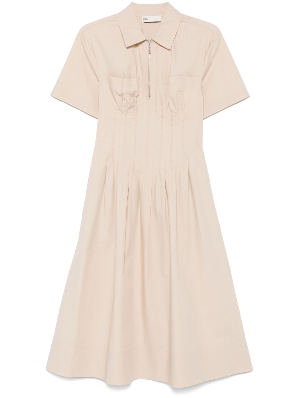 Tory Burch Poplin Pleat-Waist Midi Dress Beige