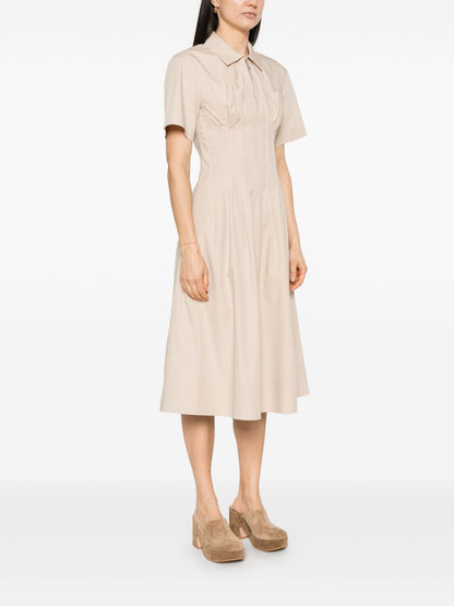 Tory Burch Poplin Pleat-Waist Midi Dress Beige