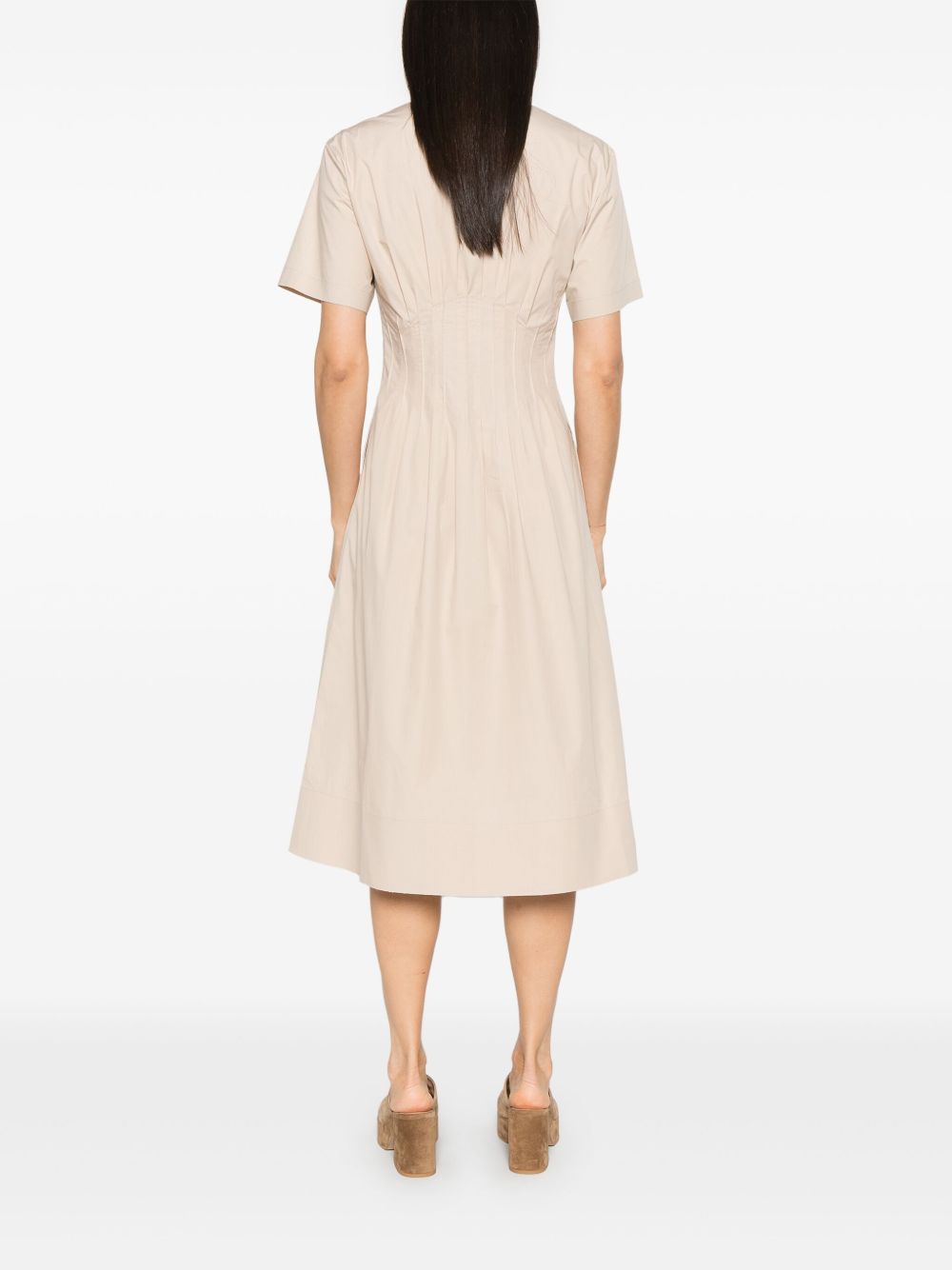 Tory Burch Poplin Pleat-Waist Midi Dress Beige