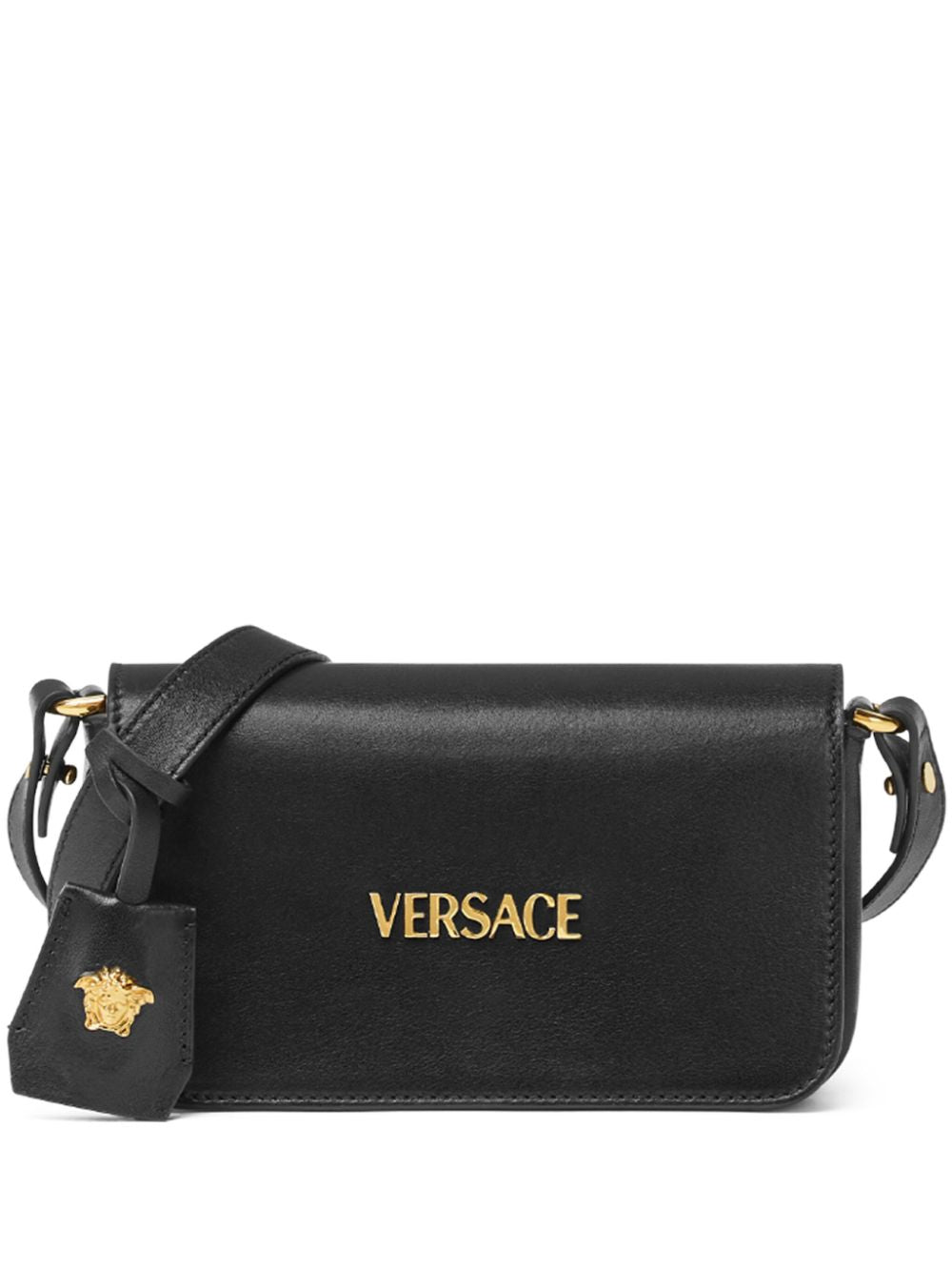 Versace Tag Mini Calf Leather Crossbody Bag Black
