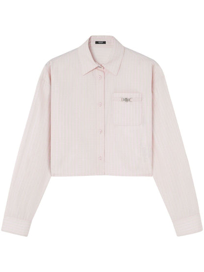 Versace Pinstripe Chain Cropped Cotton Shirt Pink
