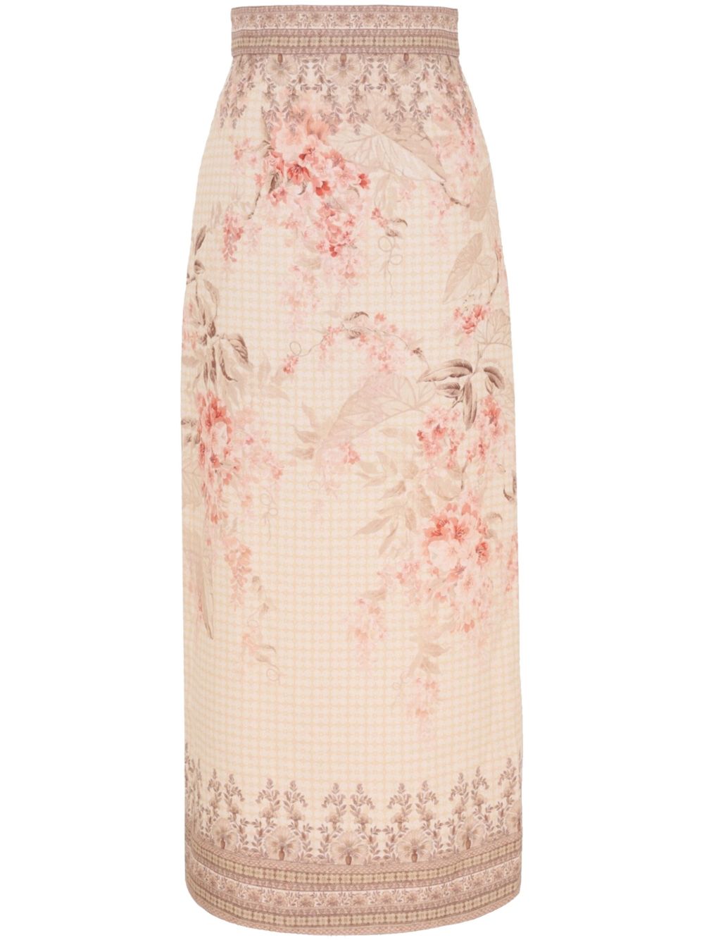 Zimmermann Illuminate Linen Graphic Pencil Midi Skirt Coral Pink White