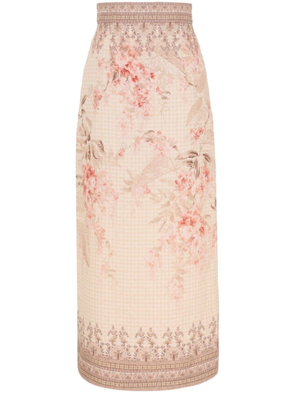 Zimmermann Illuminate Linen Graphic Pencil Midi Skirt Coral Pink White