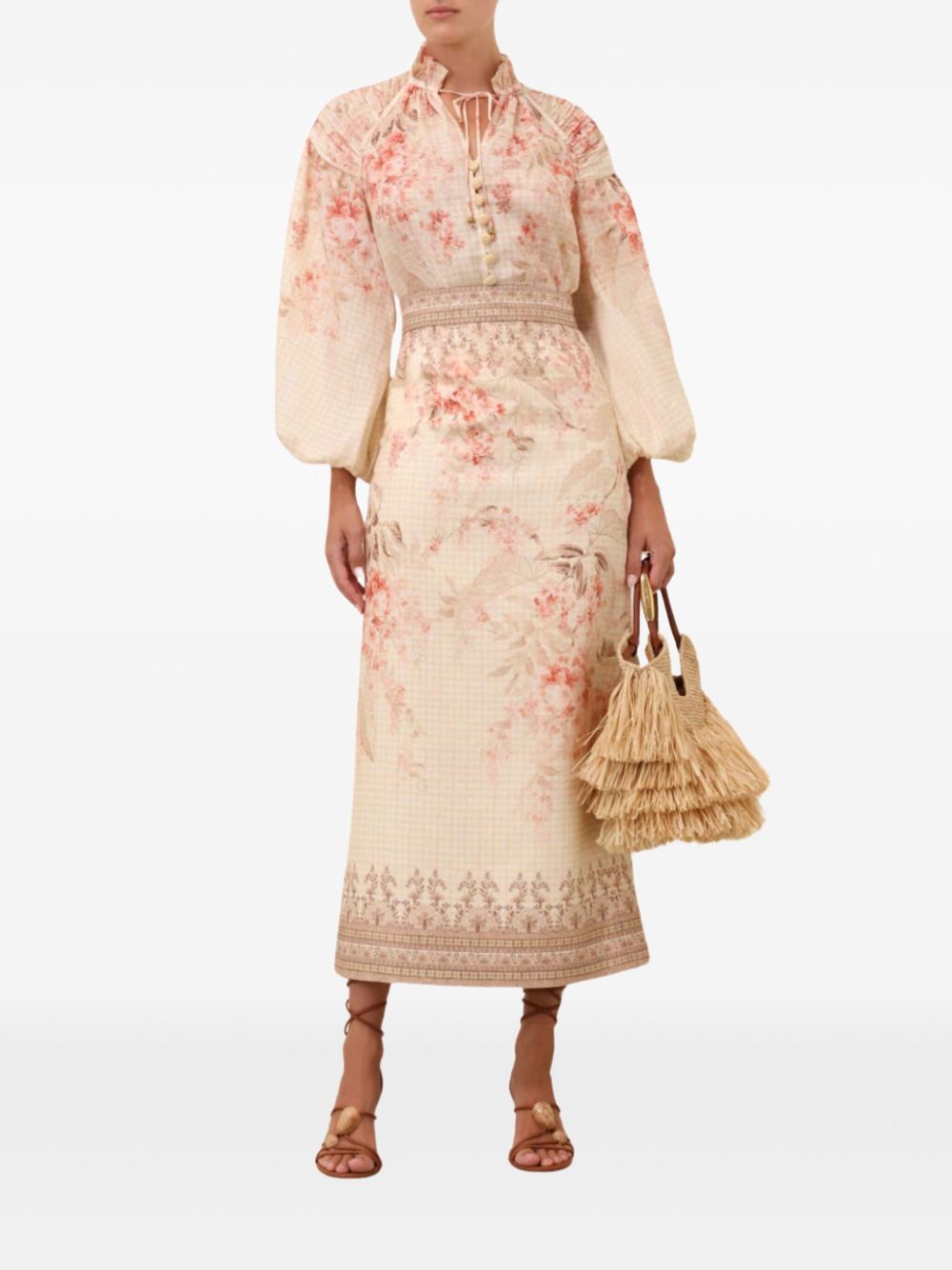 Zimmermann Illuminate Linen Graphic Pencil Midi Skirt Coral Pink White