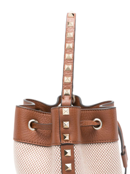 Valentino Garavani Rockstud Canvas Bucket Bag Leather Brown