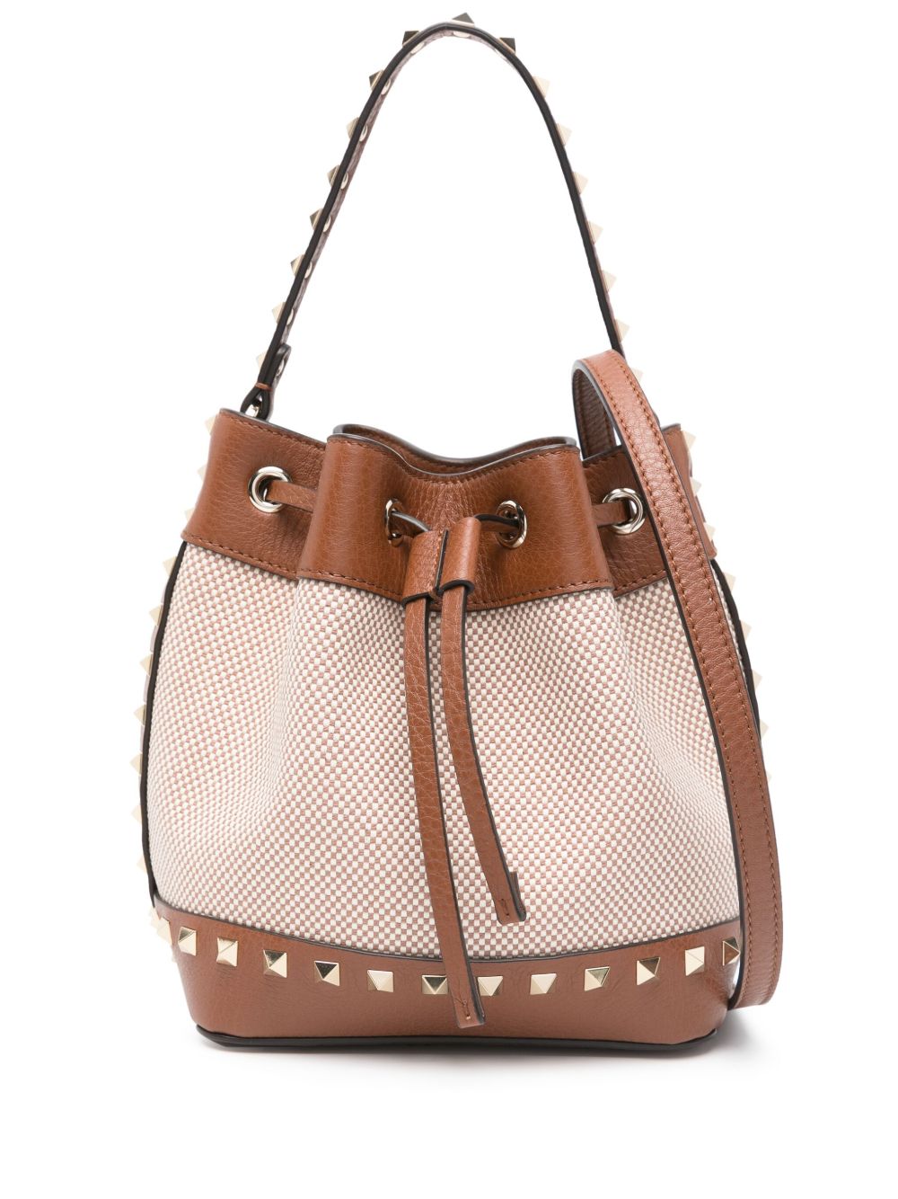 Valentino Garavani Rockstud Canvas Bucket Bag Leather Brown