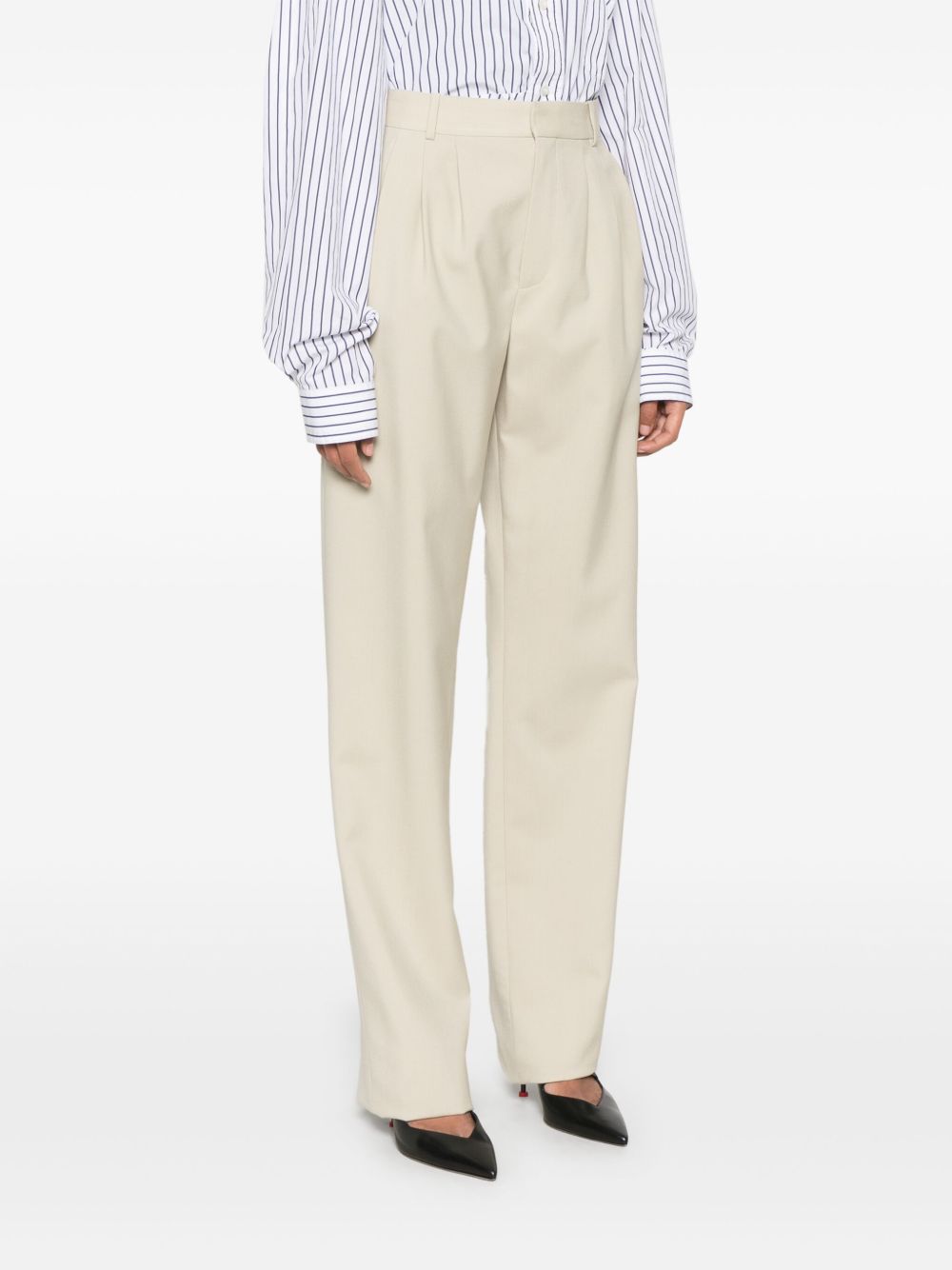 Saint Laurent Straight-Leg High-Rise Wool Trousers Beige