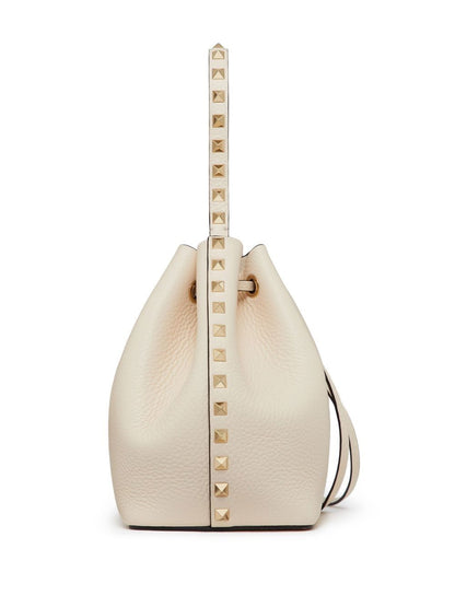Valentino Garavani Rockstud Grainy Calfskin Bucket Bag Ivory