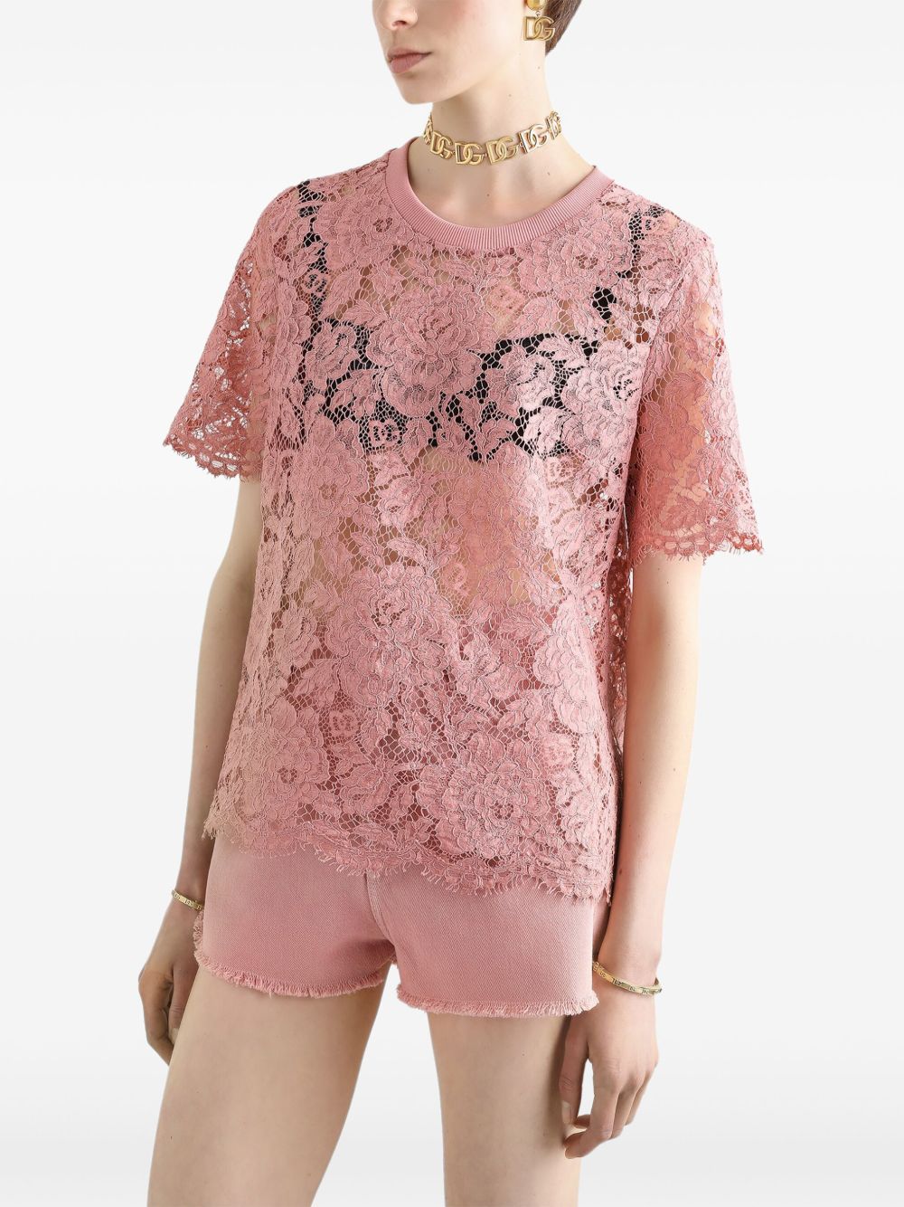 Dolce & Gabbana Corded Lace Sleeved T-shirt Pink