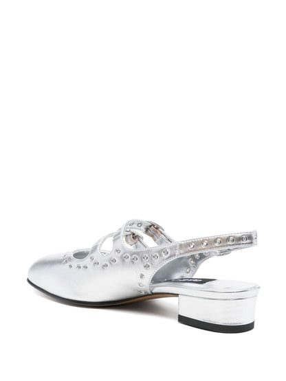Carel Paris Flat Slingback Leather Ballet Flats with Studded Trim Silver