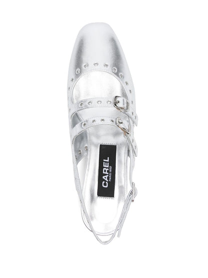 Carel Paris Flat Slingback Leather Ballet Flats with Studded Trim Silver