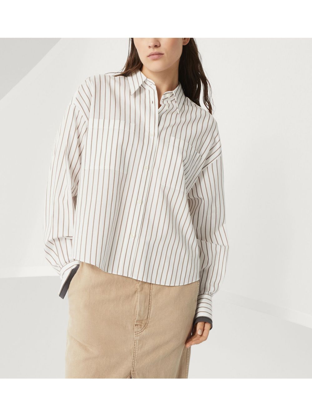 Brunello Cucinelli Striped Cotton Twill Shirt White
