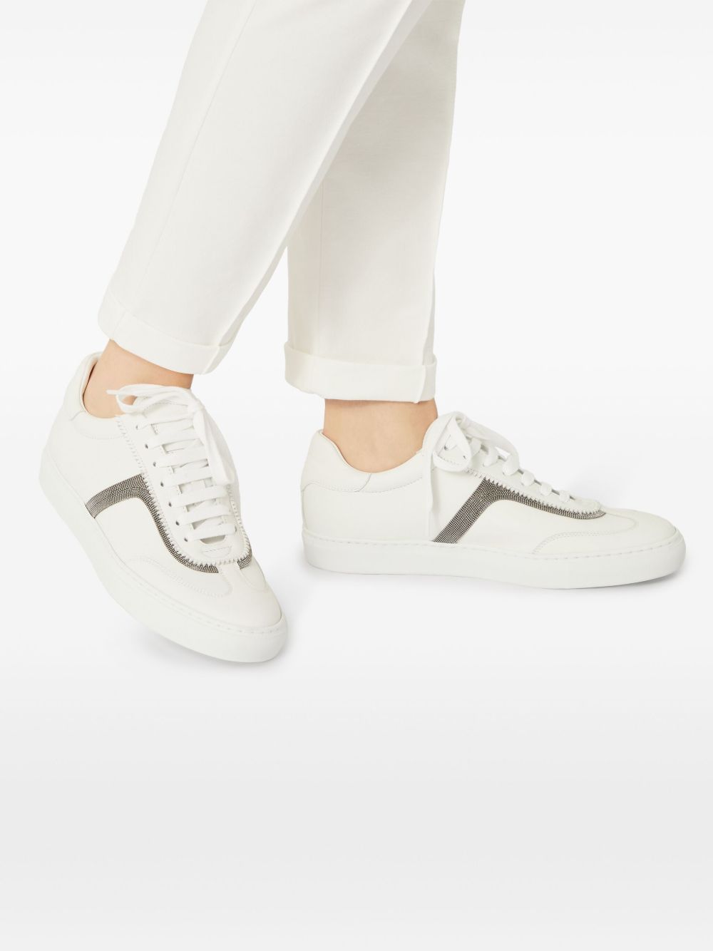 Brunello Cucinelli Monili Chain-Embellished Leather Sneakers White White