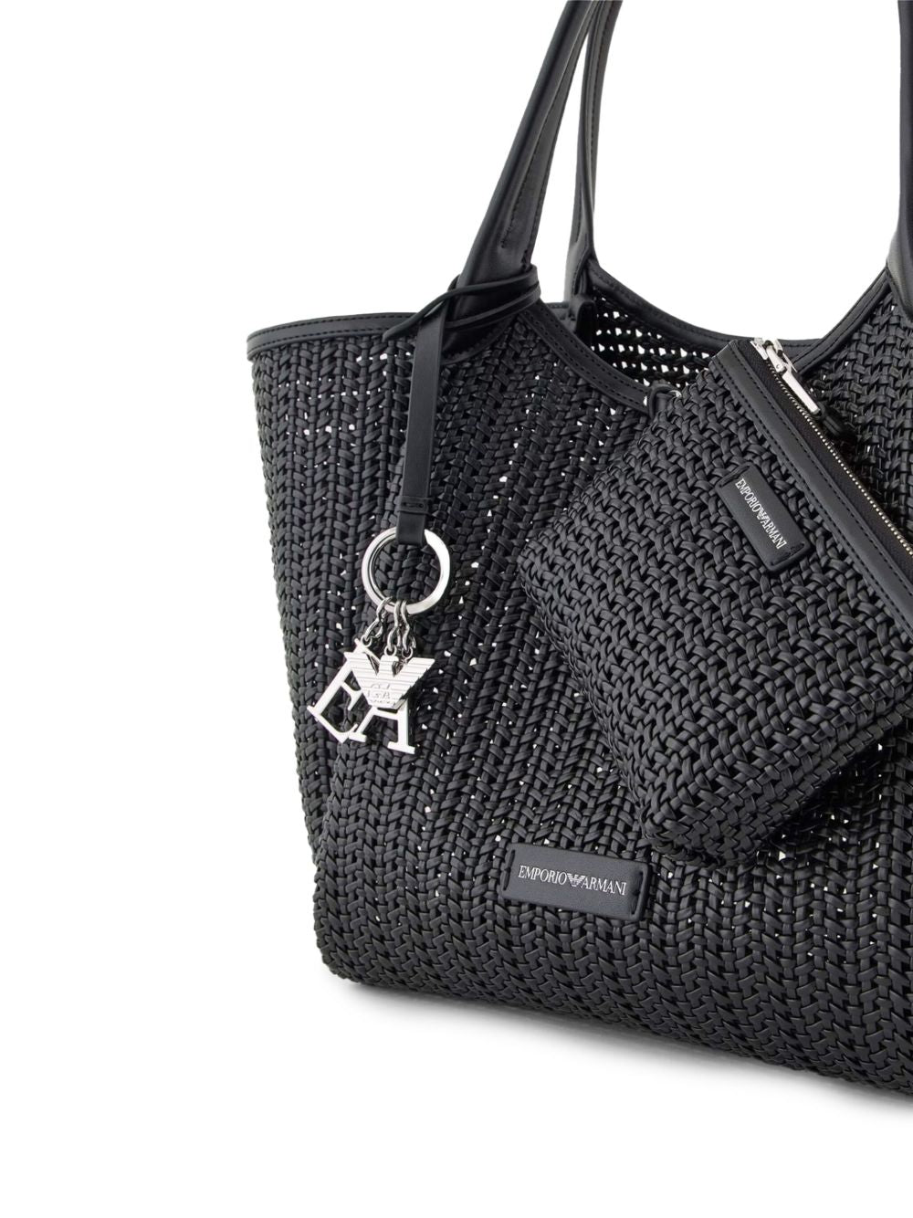 Emporio Armani Braided Tote Bag with logo jewel Black