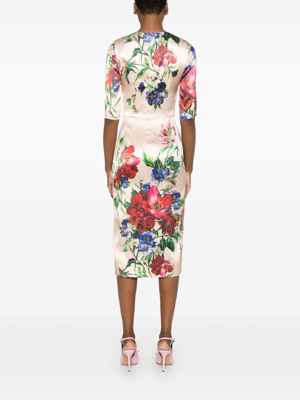 Dolce &amp; Gabbana Floral-Print Powder Pink Midi Dress in Viscose Blend Powder