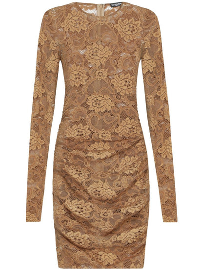 Dolce &amp; Gabbana Lace Floral Stretch Short Dress Beige beige