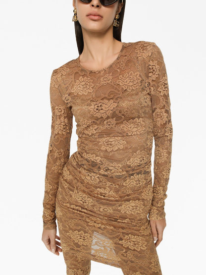 Dolce &amp; Gabbana Lace Floral Stretch Short Dress Beige beige