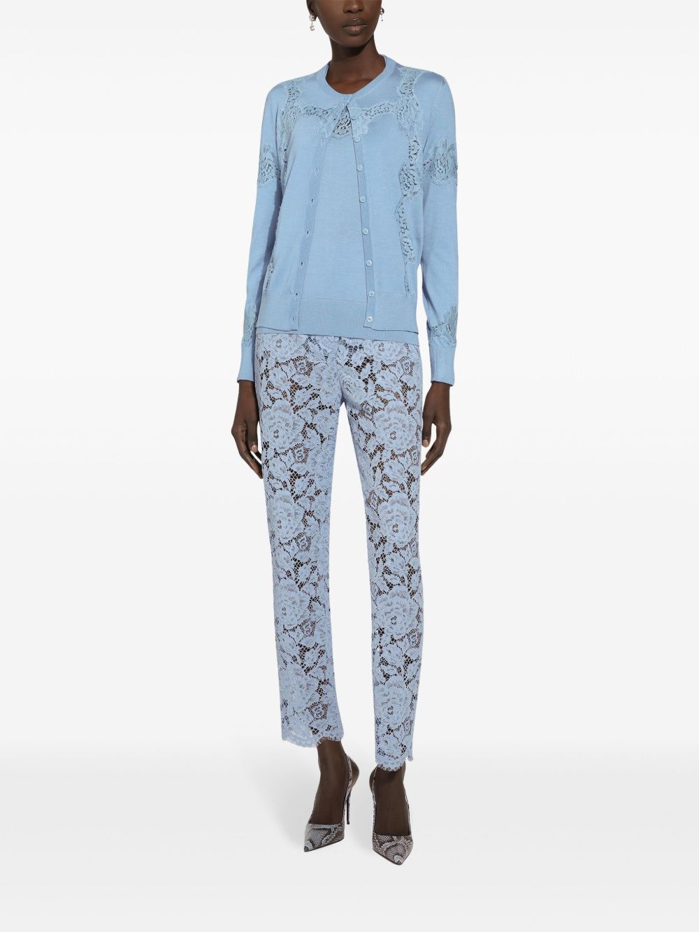 Dolce &amp; Gabbana Embroidered Lace Trousers with Floral Detailing in Clear Blue